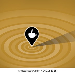 Abstract map pointer sign with hot coffee cup - cafe symbol. With copy space for your restaurant or cafe address.