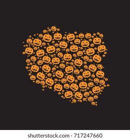 abstract map of poland filled with orange halloween pumpkins heads on a black background