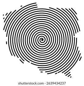 Abstract map of Poland showing the country with a black spiral line