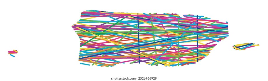 Abstract map of Puerto Rico showing the country with random crossing colored lines like a spider web