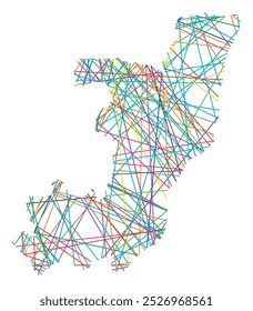 Abstract map of the Republic of the Congo showing the country with random crossing colored lines like a spider web