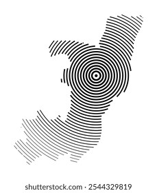 Abstract map of the Republic of the Congo showing the country with concentric black tapering lines