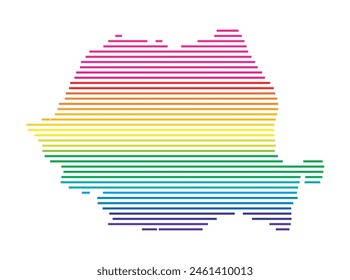 Abstrakte Landkarte Rumäniens, die das Gebiet des Landes mit Horizontalen Parallelen in Regenbogenfarben zeigt