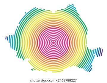 Abstrakte Karte von Rumänien, die das Gebiet des Landes mit konzentrischen Ringen in Regenbogenfarben wie ein Schießziel zeigt.