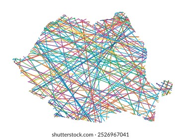 Abstract map of Romania showing the country with random crossing colored lines like a spider web