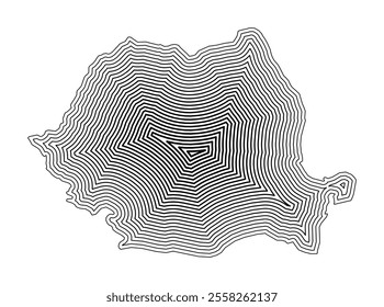 Abstract map of Romania showing the country border buffered inside with black tapering lines