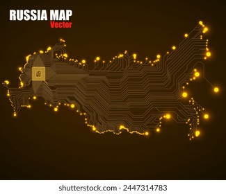 Abstract map Russia with cpu. Glowing circuit board. Neon technology map