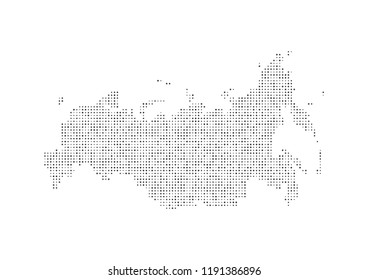Abstract map of the Russian Federation created from dots pixels art style. Technology and communication network map concept. Vector illustration