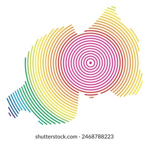 Abstrakte Landkarte von Ruanda, die die Gegend des Landes mit konzentrischen Regenbogenringen zeigt, wie ein Schießziel.