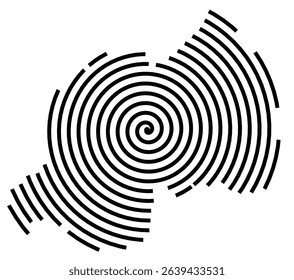 Abstract map of Rwanda showing the country with a black spiral line
