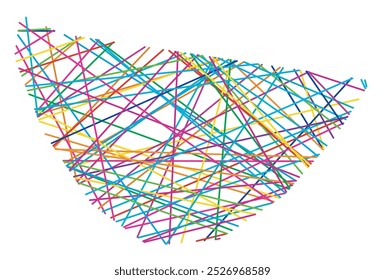 Abstract map of Saint Barthelemy showing the country with random crossing colored lines like a spider web