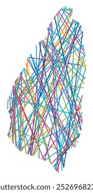 Abstract map of Saint Lucia showing the country with random crossing colored lines like a spider web