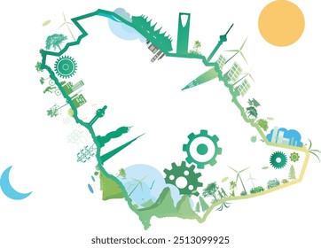 Um mapa abstrato da Arábia Saudita com elementos ecológicos e tecnológicos: turbinas eólicas, árvores, engrenagens e edifícios. Verdes macios, azuis e amarelos representam a natureza e a energia solar em um fundo branco