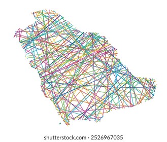Abstract map of Saudi Arabia showing the country with random crossing colored lines like a spider web