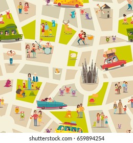 Abstract map seamless vector background. Street map pattern, detailed illustration. People, happy families, childrens, musicians and animals on abstract map wallpaper. Cartoon style pattern