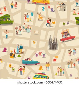 Abstract map seamless vector background. Animals, musicians on the park and people on the bus. Abstract wallpaper. Travel by car, car on the road, open air yoga and other activity on background