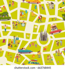 Abstract map seamless vector background. Animals, musicians on the park and people on the bus. Abstract wallpaper for children. Travel by car, open air yoga and other activity on background