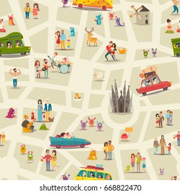 Abstract map seamless vector background. People, happy families, childrens, musicians and animals on abstract map wallpaper. Street map pattern, cartoon detailed illustration