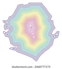 Abstract map of Sierra Leone showing the country with concentric rings in rainbow colors.