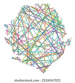 Abstract map of Sierra Leone showing the country with random crossing colored lines like a spider web