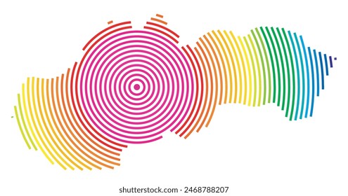Abstrakte Landkarte der Slowakei, die das Gebiet des Landes mit konzentrischen Ringen in Regenbogenfarben wie ein Schießziel zeigt.