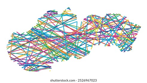 Abstract map of Slovakia showing the country with random crossing colored lines like a spider web