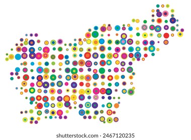 Abstract map of Slovenia drawn with overlapping colored circles like sweets or candies