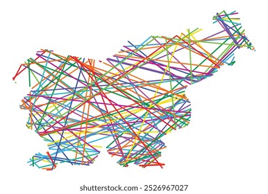 Abstract map of Slovenia showing the country with random crossing colored lines like a spider web