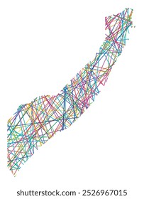 Abstract map of Somalia showing the country with random crossing colored lines like a spider web