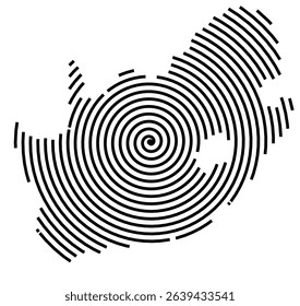 Abstract map of South Africa showing the country with a black spiral line