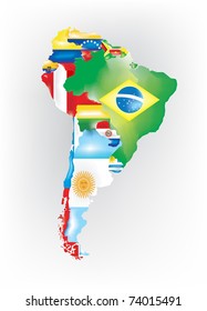 Abstract map of south america colored by flags