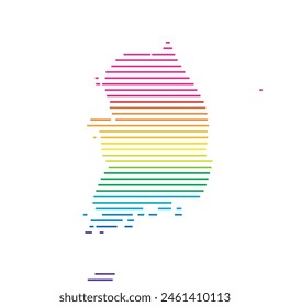 Abstract map of the South Korea showing the area of the country with horizontal parallel lines in rainbow colors