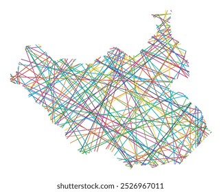 Mapa abstrato do Sudão do Sul mostrando o país com cruzamentos aleatórios linhas coloridas como uma teia de aranha