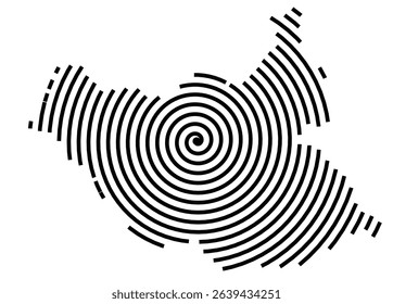 Abstract map of South Sudan showing the country with a black spiral line