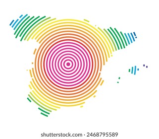 Abstrakte Karte von Spanien, die das Gebiet des Landes mit konzentrischen Ringen in Regenbogenfarben wie ein Schießziel zeigt.