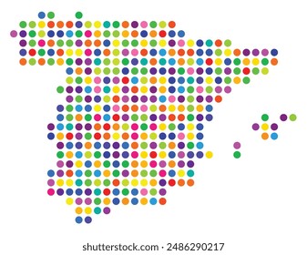 Abstract map of Spain showing the area of the country with a pattern of colorful circles