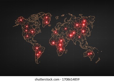 Abstract map of the spread virus in the world. Epidemic on the world map. Digital design with COVID-19 outbreak. Graphic concept for your design