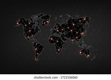 Abstrakte Karte des verbreiteten Virus in der Welt. Epidemie auf der Weltkarte. Digitales Design mit COVID-19-Ausbruch. Grafisches Konzept für Ihr Design