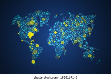 Mapa abstracto del virus propagado en el mundo. Epidemia en el mapa del mundo. Diseño digital con brote de COVID. Concepto gráfico para su diseño