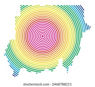 Abstrakte Landkarte des Sudans, die das Gebiet des Landes mit konzentrischen Regenbogenringen zeigt, wie ein Schießziel.