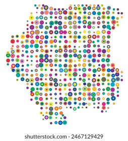 Abstract map of Suriname drawn with overlapping colored circles like sweets or candies