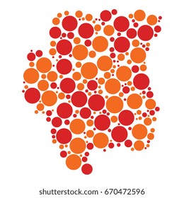 abstract map of suriname filled with two-colors circles of different sizes