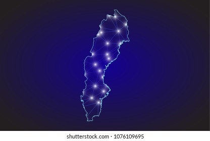 Abstract Map of Sweden from polygonal blue lines and glowing stars, Social communications background. Vector illustration eps10