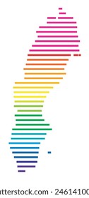 Abstract map of Sweden showing the area of the country with horizontal parallel lines in rainbow colors