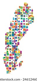 Abstract map of Sweden. Abstract map showing the country with a pattern of overlapping colorful squares like candies