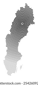 Abstract map of Sweden showing the country with concentric black tapering lines