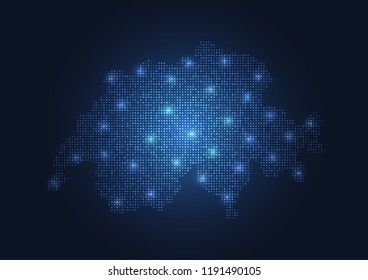 Abstract map of the Switzerland created from dots pixels art style. Technology and communication network map concept. Vector illustration