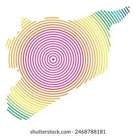 Abstract map of the Syria showing the area ot the country with concentric rings in rainbow colors like a shooting target.