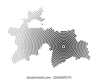 Abstract map of Tajikistan showing the country with concentric black tapering lines