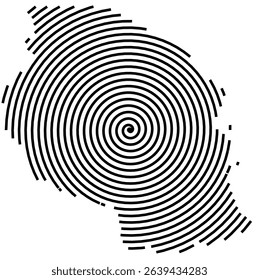 Abstract map of the Tanzania showing the country with a black spiral line